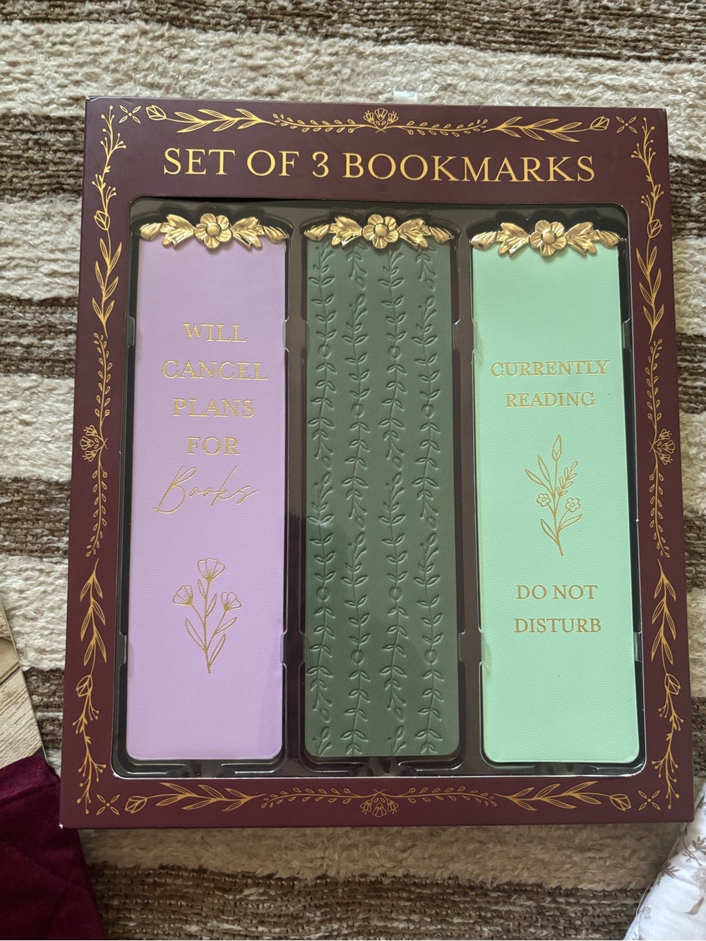 Set of 3 Floral Metal-Trim Bookmarks - Lavender, Olive, Mint